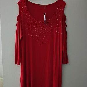 Belldini Red Cold Shoulder Tunic with Studded Detail Nwt